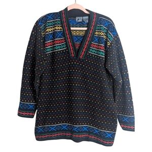 Vintage Tight Knit Pullover V-Neck  Colorful Preppy Sweater Women's Med.